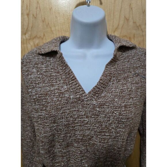Madden NYC Brown/White Cropped Knit Long Sleeve Sweater Tie Back Detail Collared - Picture 3 of 7